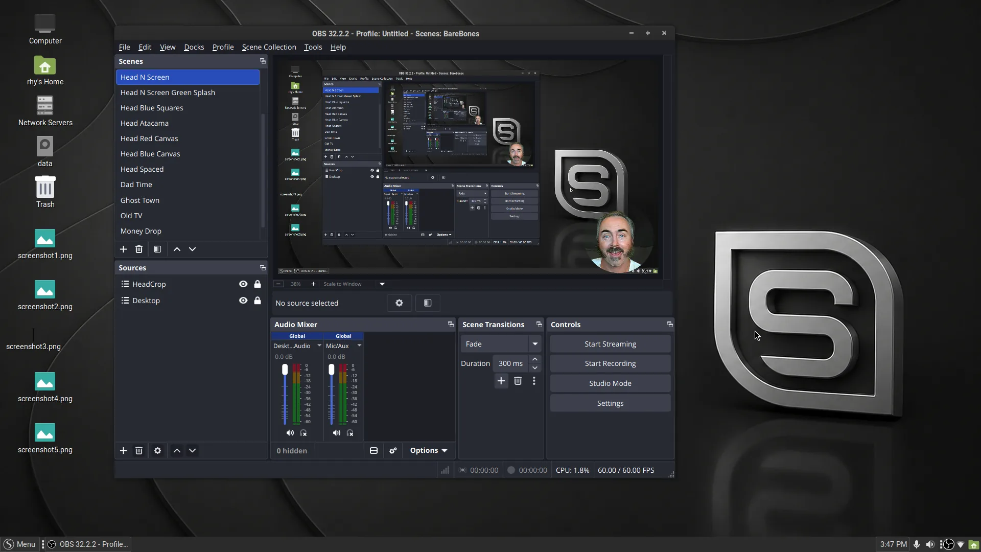 Spaced Linux Dark desktop running OBS Studio with its dark panel and wallpaper